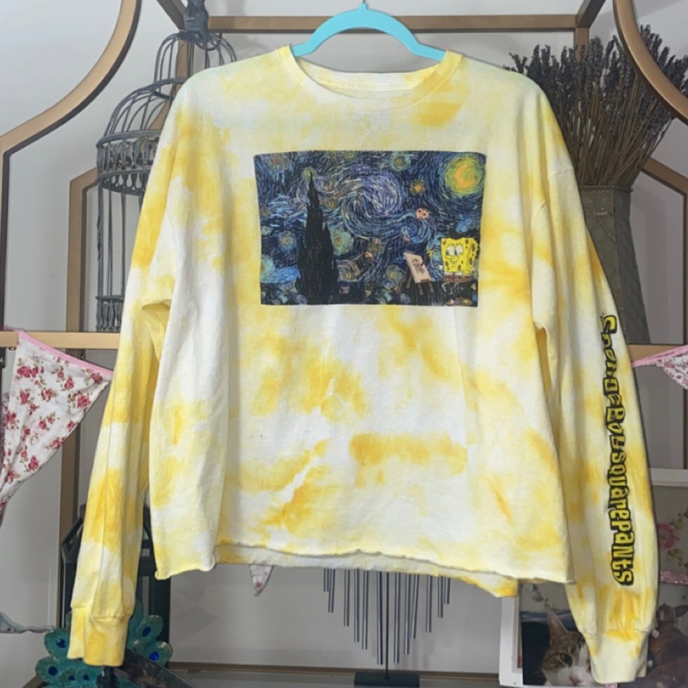 TIE DYED SPONGEBOB CROPPED LONG SLEEVE SHIRT DIY TRENDY TikTok WINTER Y2K - Picture 1 of 4